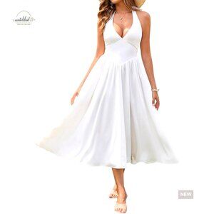 Women's Midi Dress Halter Neck Smocked Gingham Formal Beach Sundress